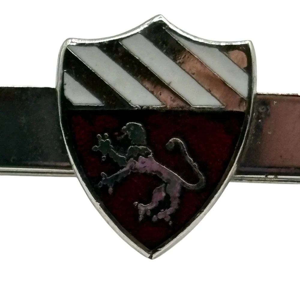 Fighting Lion Crest‎ Square Cuff Links Tie Bar Set Black Red Silver Tone Vintage